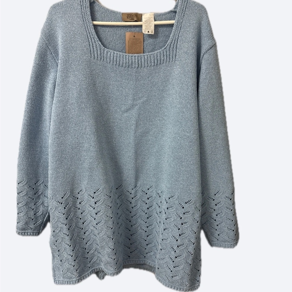 Blue Crew Neck Sweater with Intricate Hem